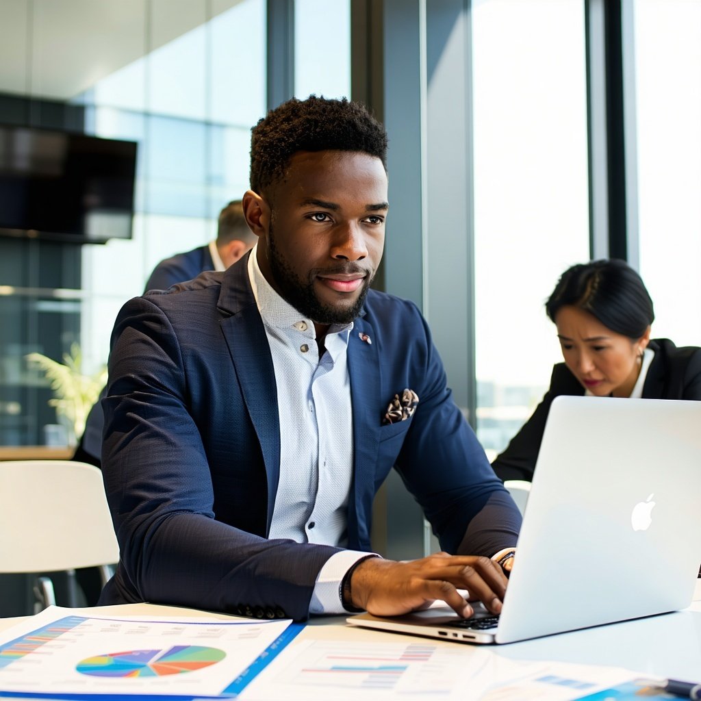A CFO is seated with a laptop at a clean modern desk.