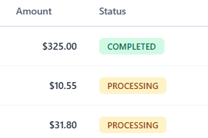 Transaction amounts and status