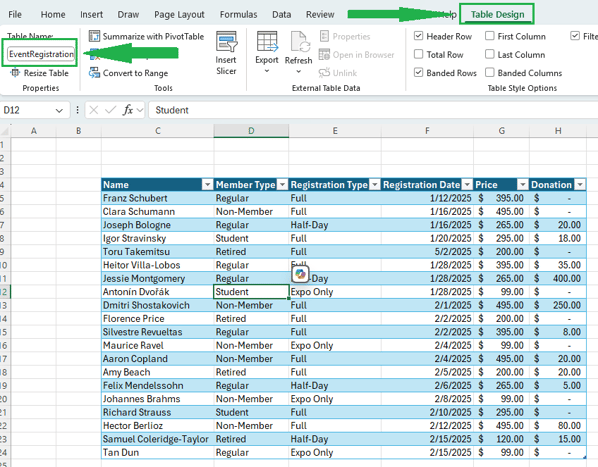 Excel screenshot showing the Table Design tab open with a table named “EventRegistration” selected. The table contains registration data with highlighted headers, and the design ribbon is visible.