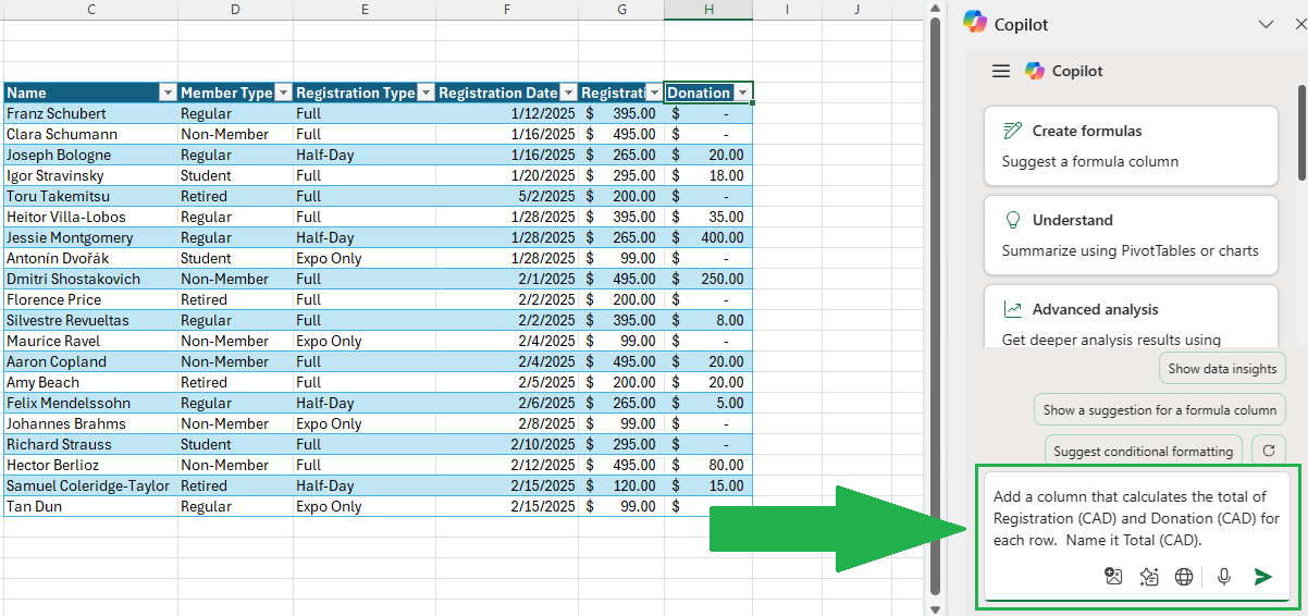 Excel screenshot showing a formatted event registration table alongside the Copilot pane. A prompt is entered asking Copilot to add a column that calculates the total of Registration (CAD) and Donation (CAD), naming it Total (CAD).