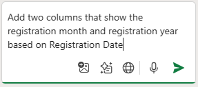 Copilot input prompt in Excel reading, “Add two columns that show the registration month and registration year based on Registration Date,” ready to be submitted.