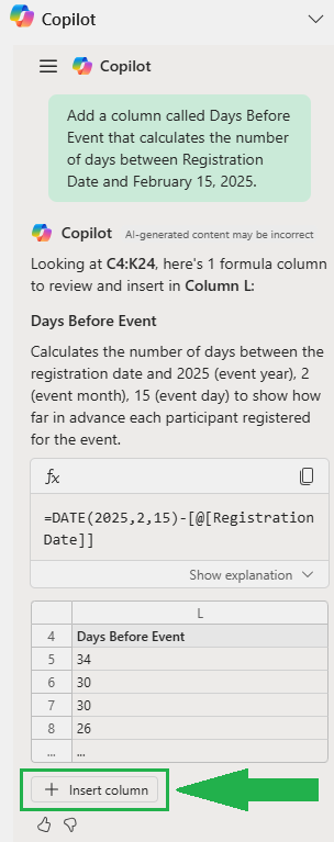 Excel Copilot pane showing a prompt and suggested formula to calculate a new column labeled Days Before Event. The formula subtracts the Registration Date from February 15, 2025, and displays a preview of the resulting values.
