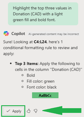 Excel Copilot pane showing a conditional formatting rule to highlight the top three values in the Donation (CAD) column using bold font and a light green fill. The Apply button is selected to confirm the rule.