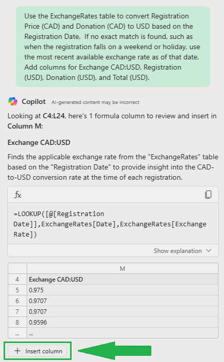 Excel Copilot pane displaying a prompt and formula to add a new column, Exchange CAD:USD, that uses the LOOKUP function to match each registration date with the appropriate exchange rate from the ExchangeRates table. Sample values and an Insert Column button are shown.