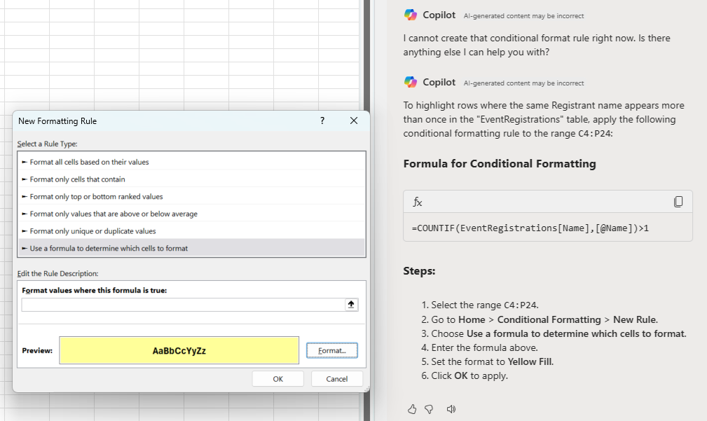 Excel screenshot showing a failed Copilot attempt to apply conditional formatting for duplicate names, along with a manual workaround. The left side shows the New Formatting Rule dialog using a custom formula, and the right side displays Copilot instructions with the COUNTIF formula and formatting steps.