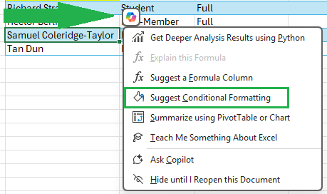 Excel screenshot showing a right-click menu on a table cell with the Copilot icon selected. The menu includes several options, with “Suggest Conditional Formatting” highlighted as a recommended action.