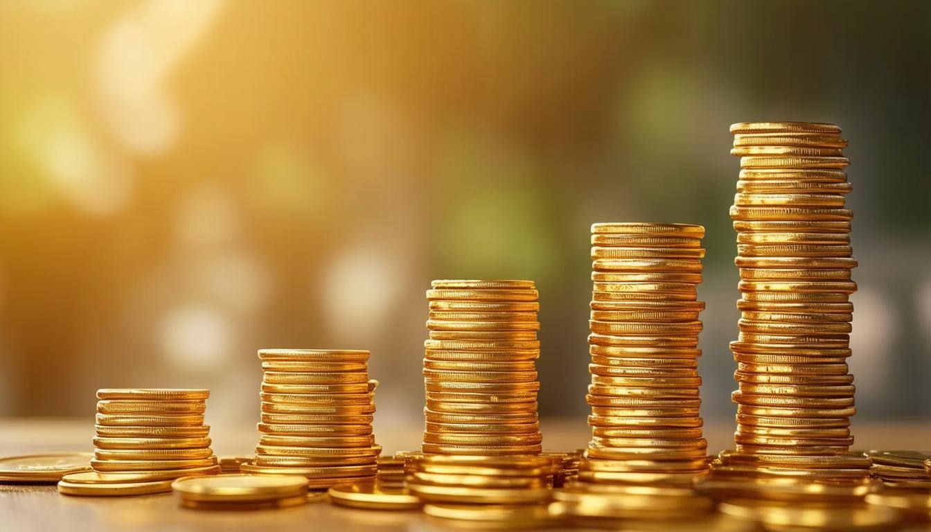 Five stacks of gold coins in ascending height, resembling a bar chart, symbolizing financial benchmarking and comparative performance analysis.