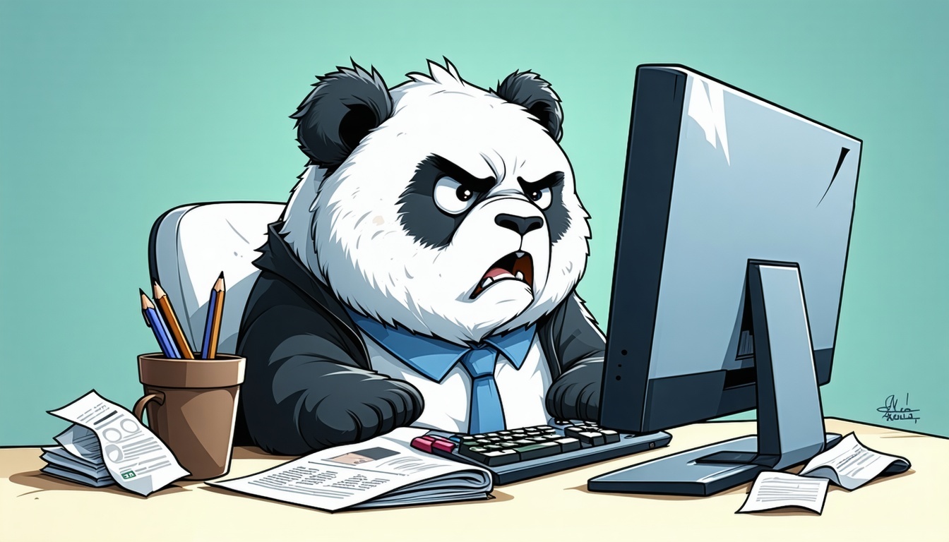 A cartoon panda accountant slumps at his desk, banging his head in frustration as he stares at his computer screen. Crumpled spreadsheets and a coffee mug sit nearby, hinting at a long day of uncooperative software.
