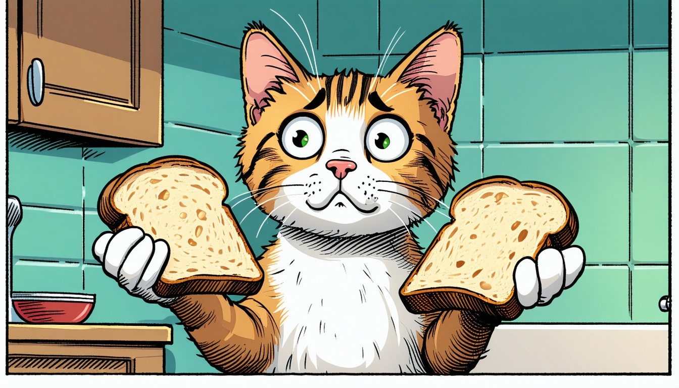 A cartoon-style illustration of a wide-eyed, puzzled cat holding a sandwich with two slices of bread but no filling inside. 