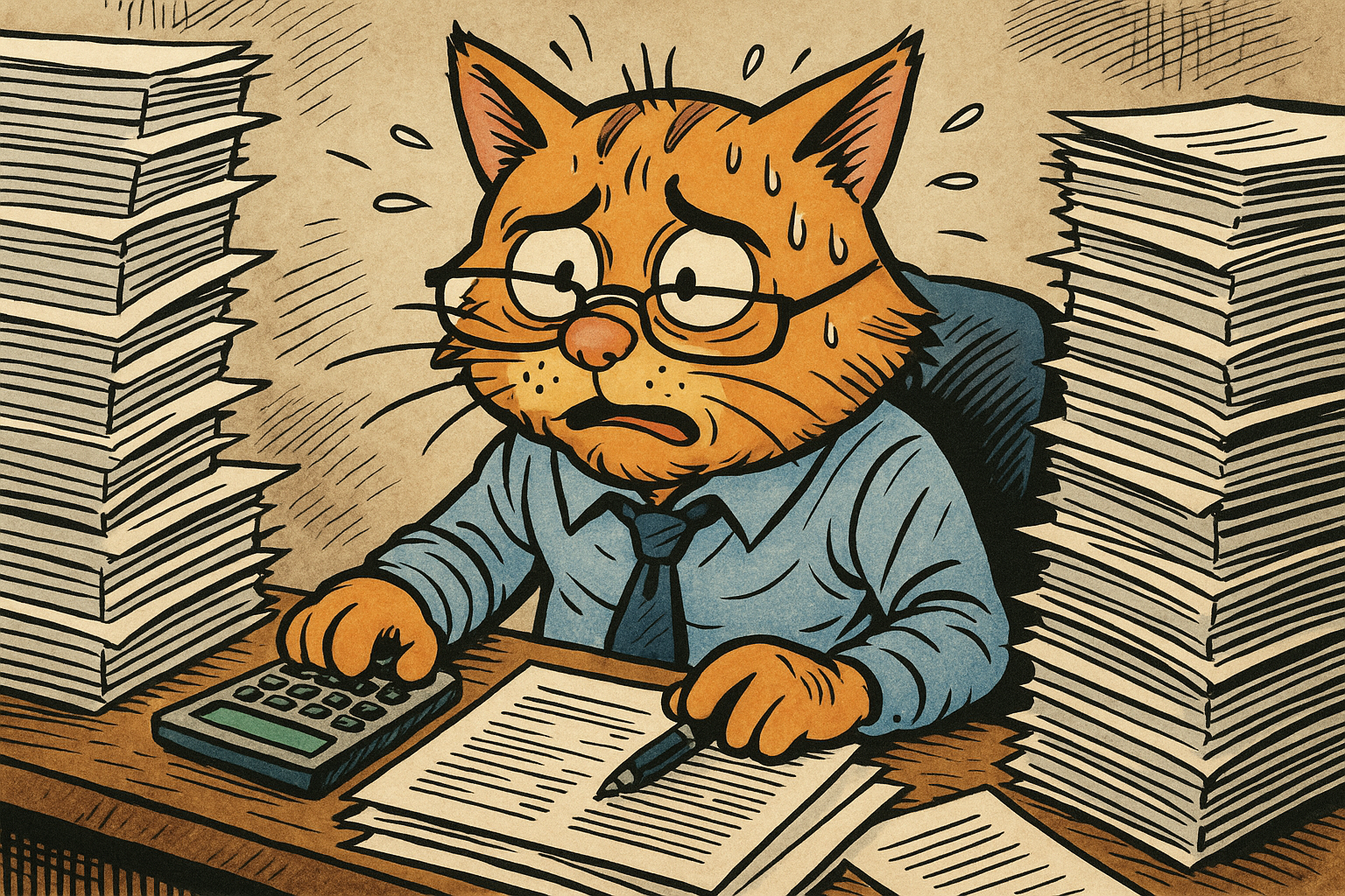 A flustered accountant cat is sitting at his desk buried in paperwork.