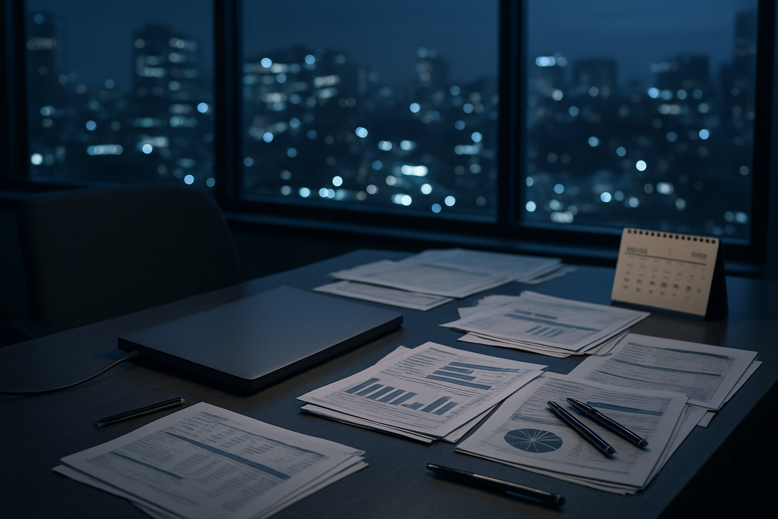 A modern office desk late at night, clean-lined and minimal, lit with soft, cool-toned lighting. The space feels contemporary and deliberate, not dim or dramatic.