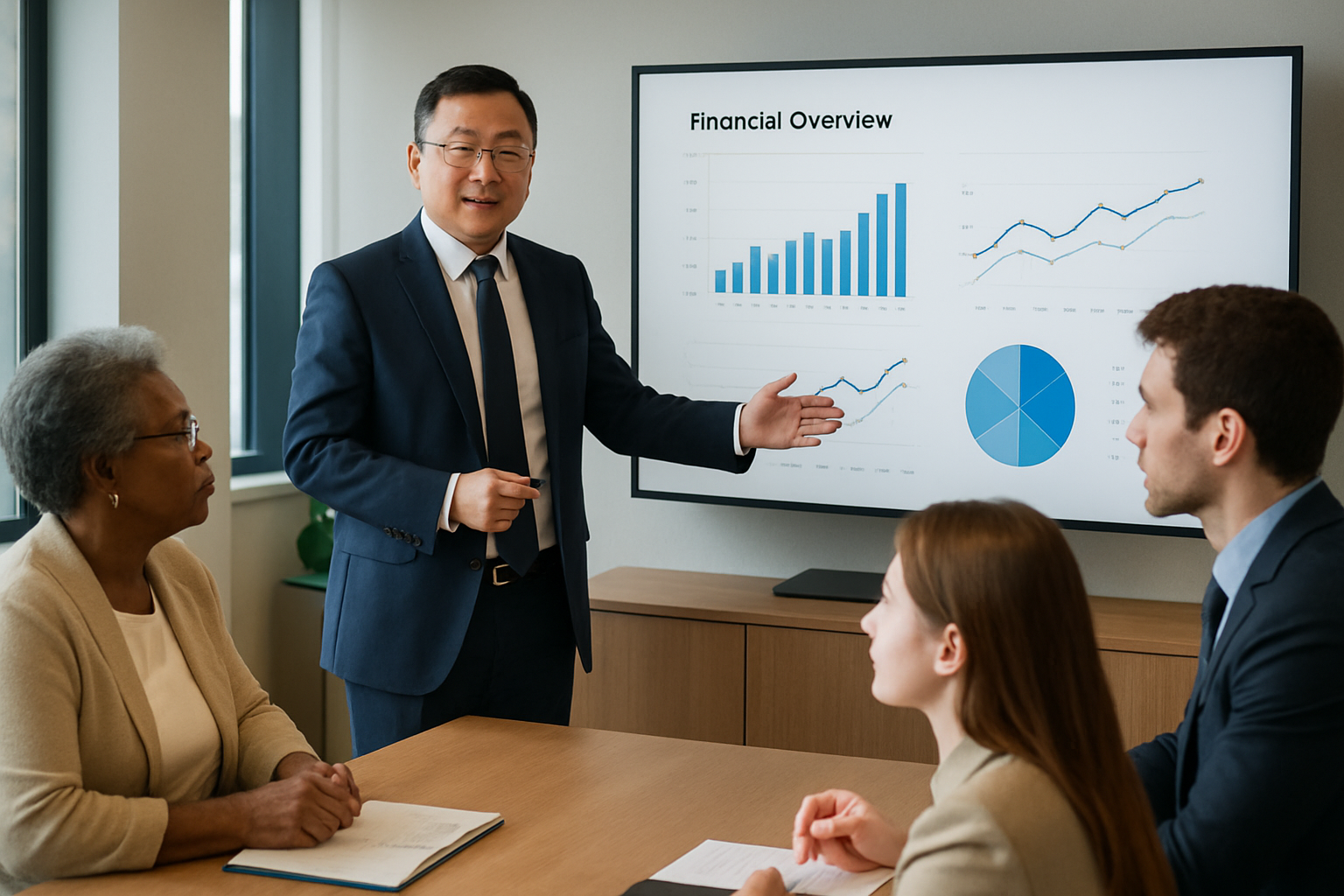 Association accountant presenting financial insights to colleagues in a modern office setting.