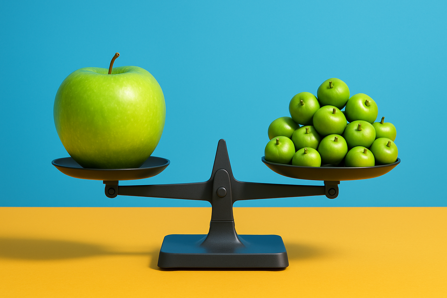 A perfectly balanced scale: on the left, a large green apple; on the right, numerous small green apples.