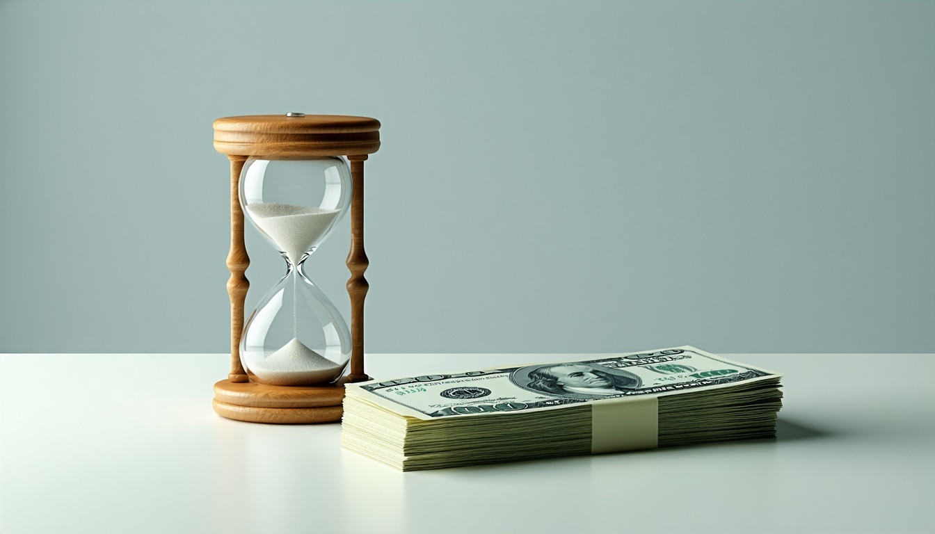A close-up photograph of an hourglass next to a stack of hundred-dollar bills, symbolizing the concept of time-limited funds in financial management. 