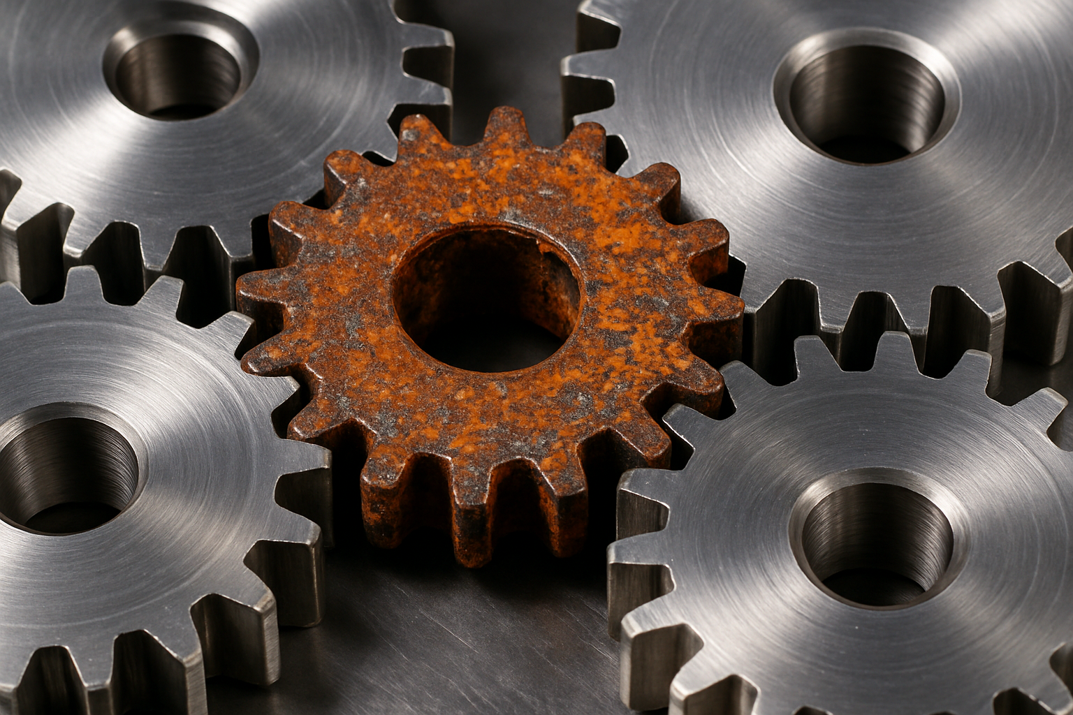 A polished set of gears with one corroded gear disrupting the whole mechanism