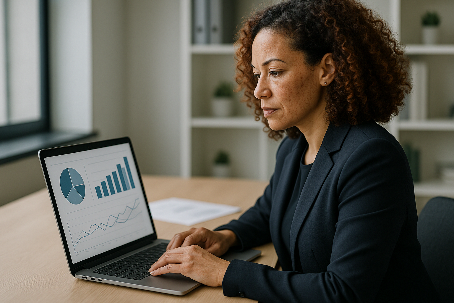 Association finance professional reviewing financial dashboard on a laptop in a modern office