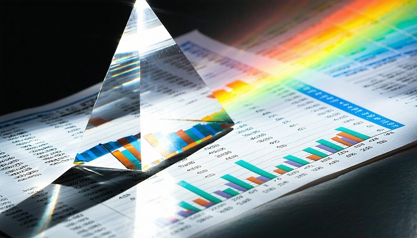 Glass prism on a financial report refracting light into colorful beams.