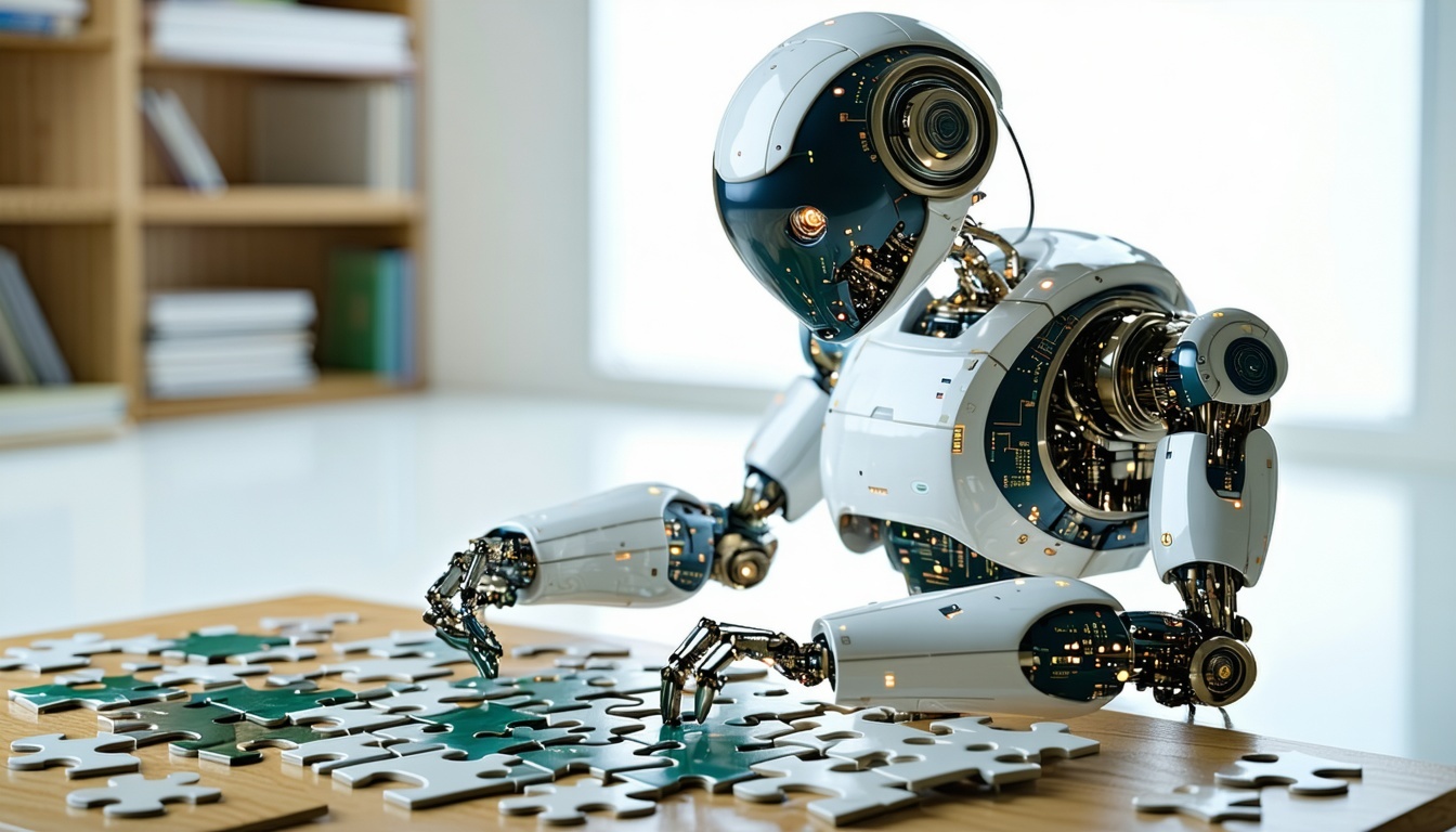Android assembling a jigsaw puzzle, symbolizing how smart Chart of Accounts design enables AI to deliver structured, reliable financial insights.