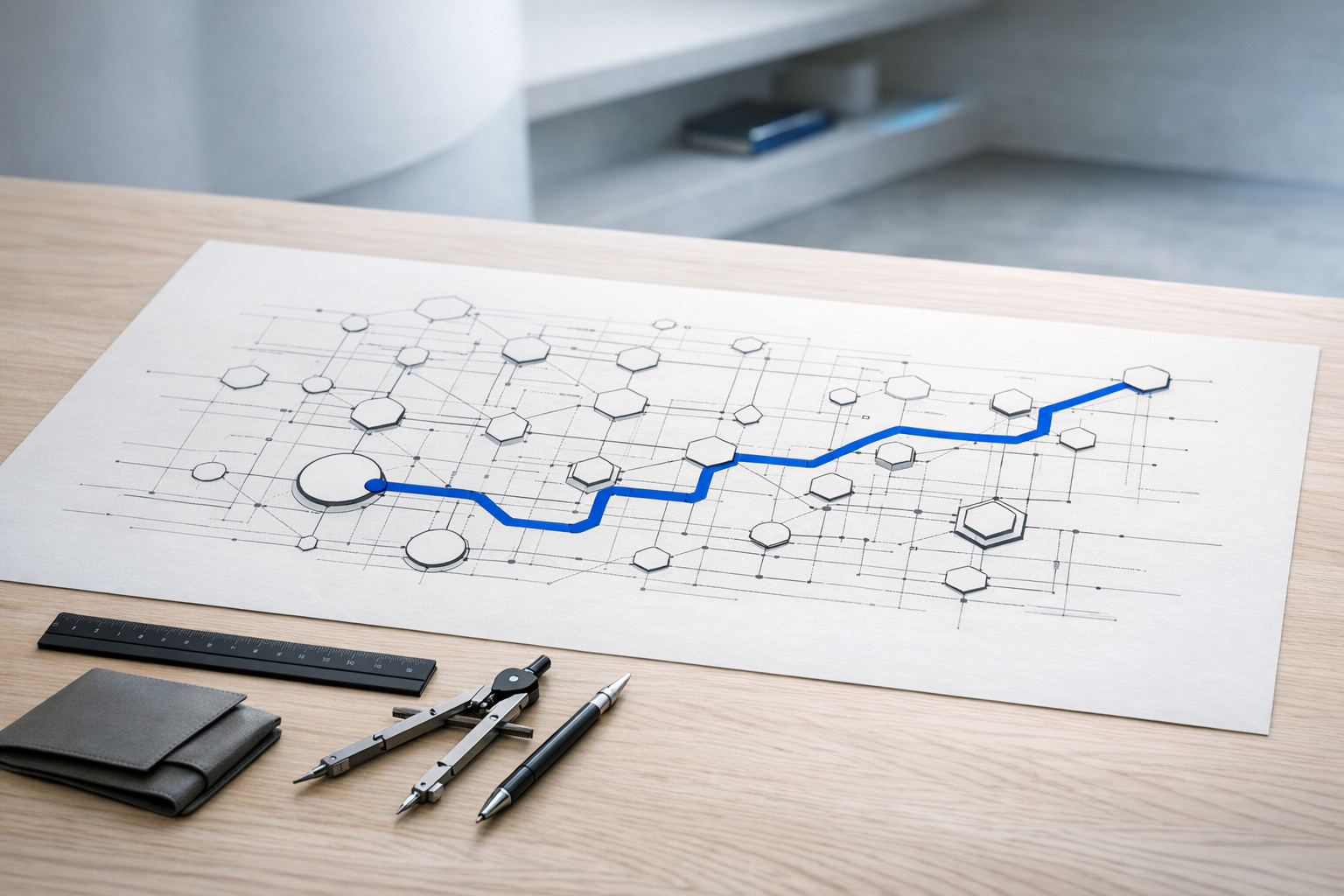 A precision-drawn system schematic on cool white paper, with a cobalt blue line tracing a path through interconnected nodes, on a pale wood desk in a Scandinavian studio.