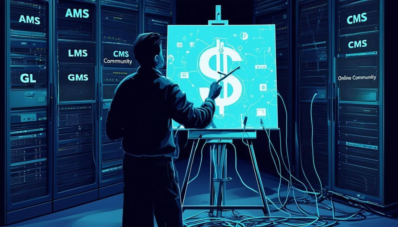 Artist painting a dollar sign in a server room, with cables from multiple association systems plugged into the easel, symbolizing the integration of an AI Data Platform in finance.