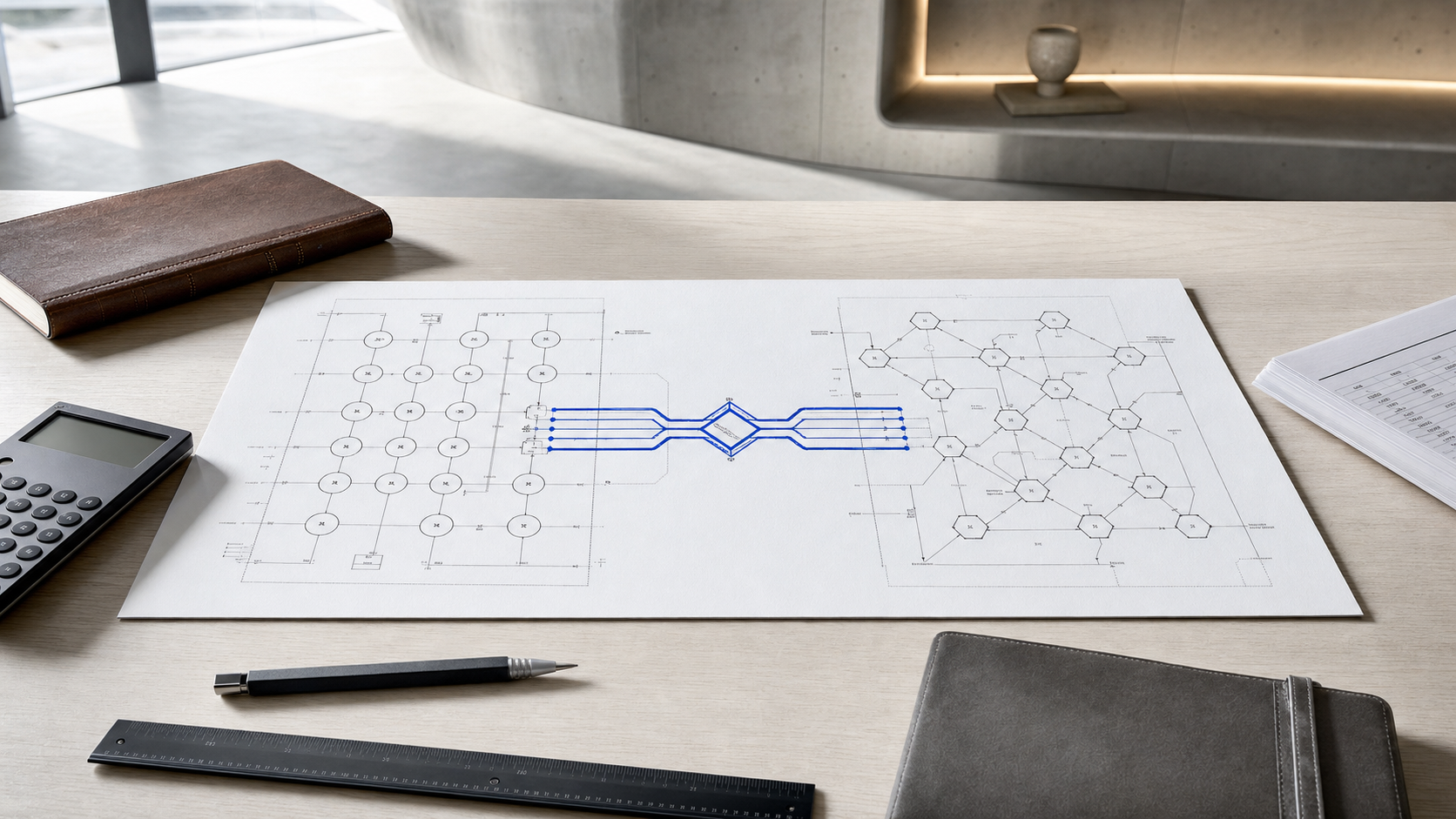 A hand-drafted schematic of two engineered systems joined by a cobalt blue integration, on a Scandinavian desk with a leather ledger and calculator.