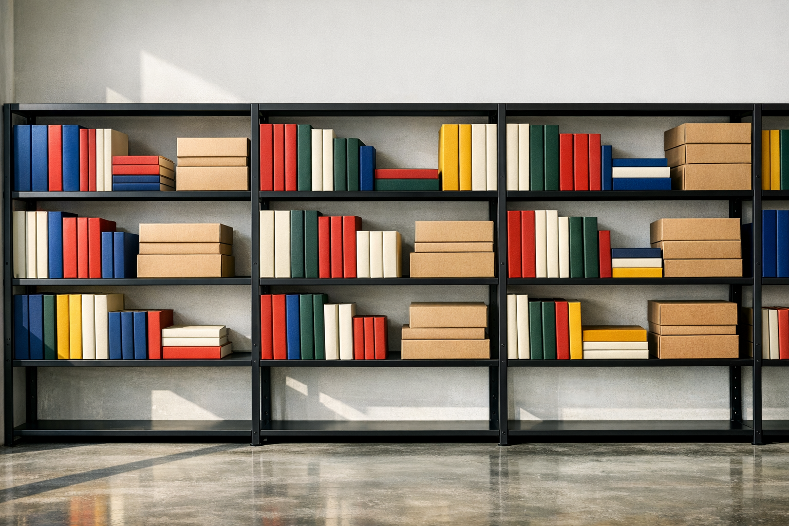 Modern archive with matte black shelving holding colorful bound publications in cobalt, crimson, green, cream, and mustard.