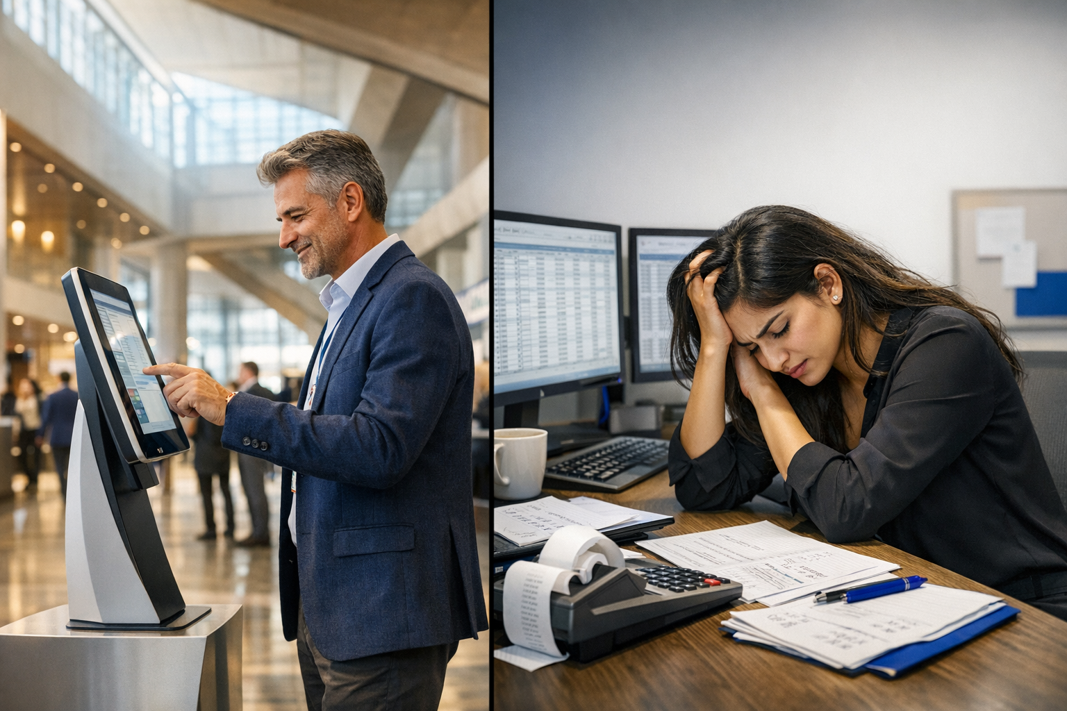Split image: an attendee checking in at a self-service kiosk in a modern convention center, and a frustrated accountant at her desk.