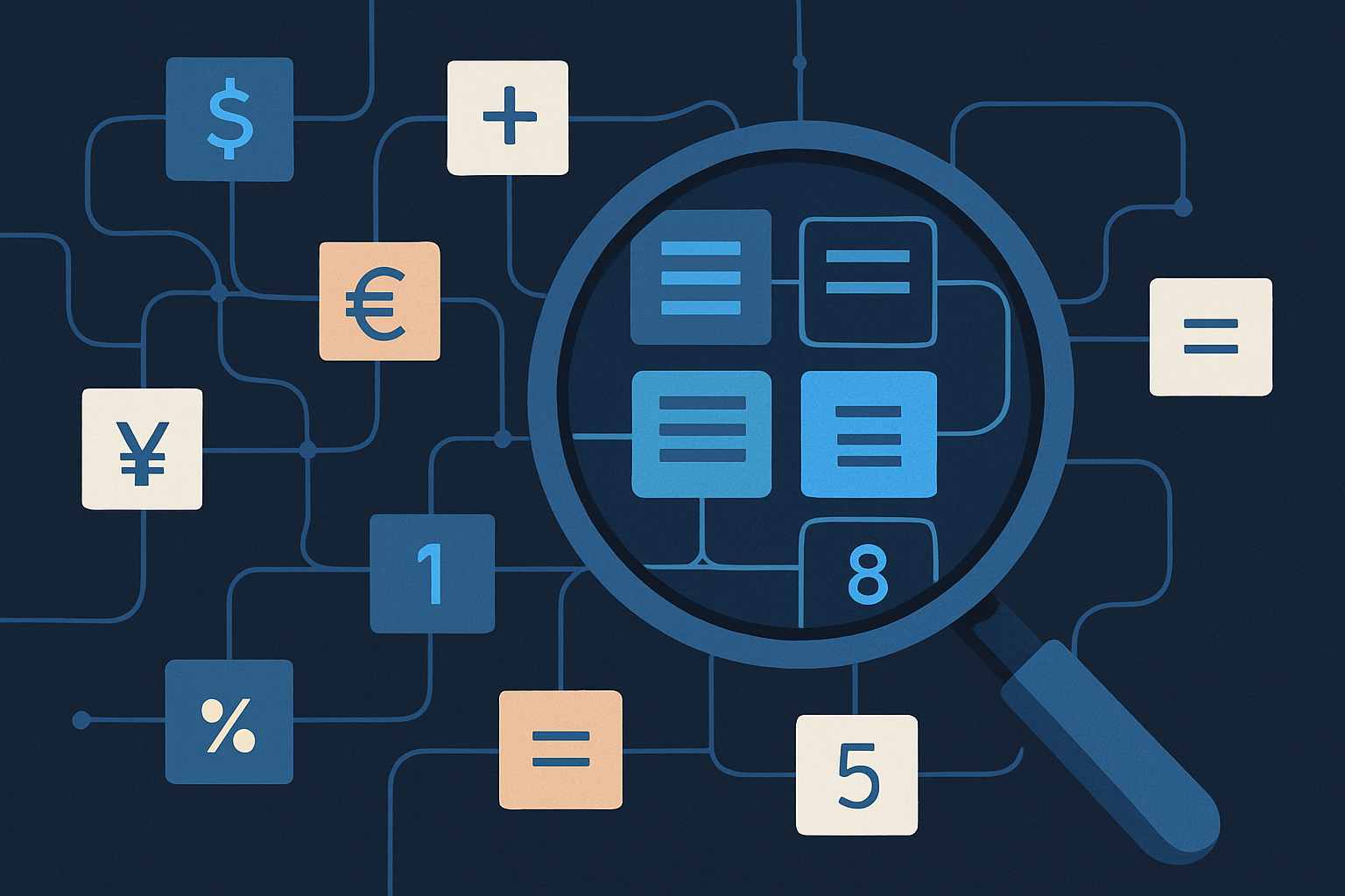 Magnifying glass focusing on abstract data blocks and connected nodes, symbolizing close inspection of accounting logic in an AMS system.