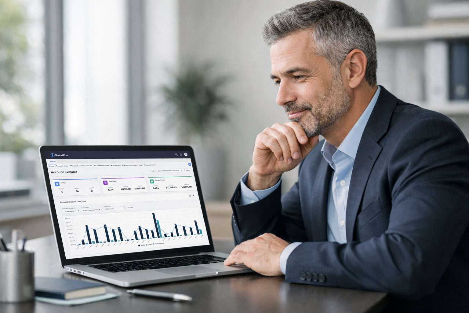 Finance leader reviewing abstract financial dashboard on laptop in modern office