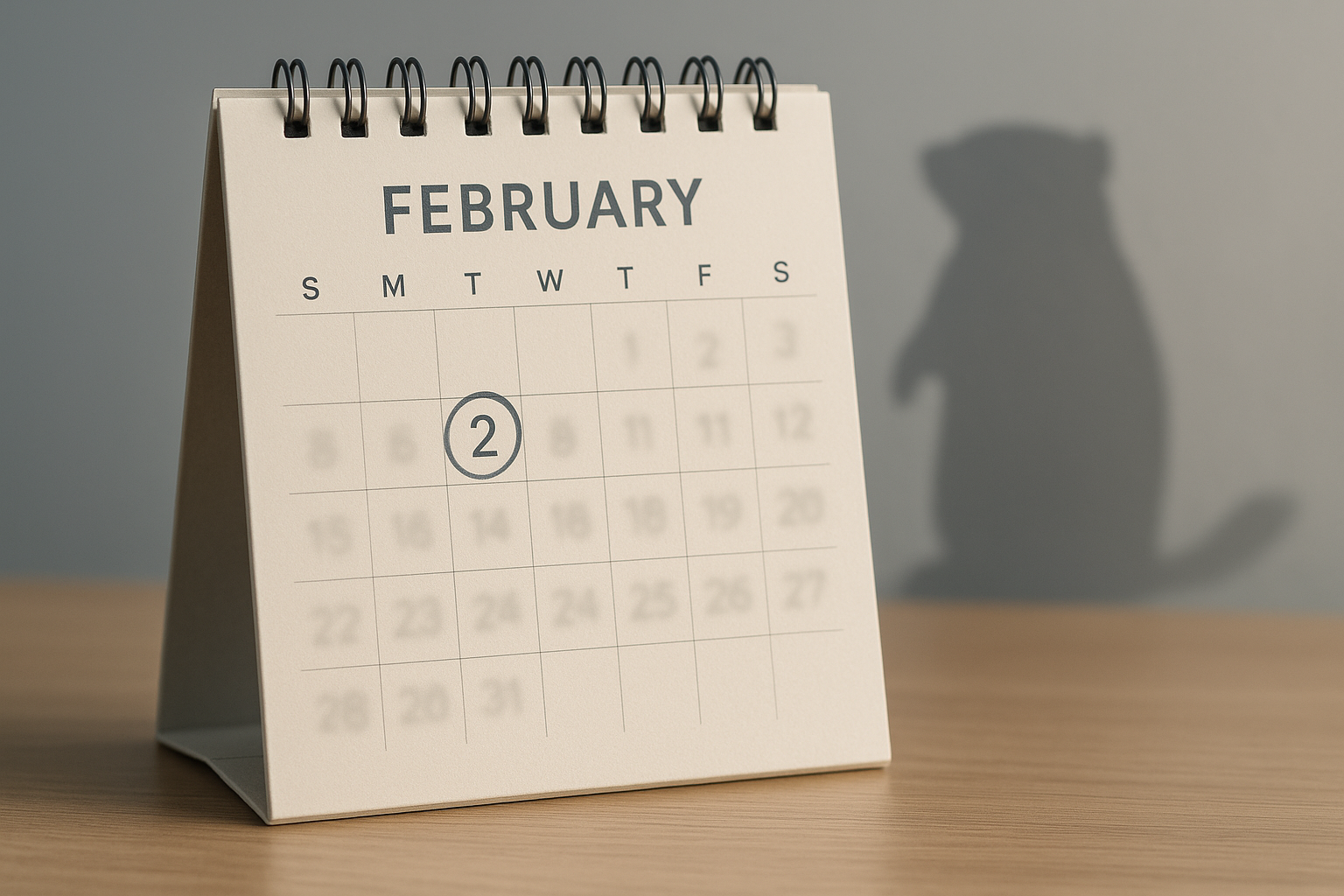 Desk calendar for February with all dates blurred except a circled February 2 in the Tuesday column, with a subtle groundhog shadow in the background, symbolizing repetitive month-end close cycles.