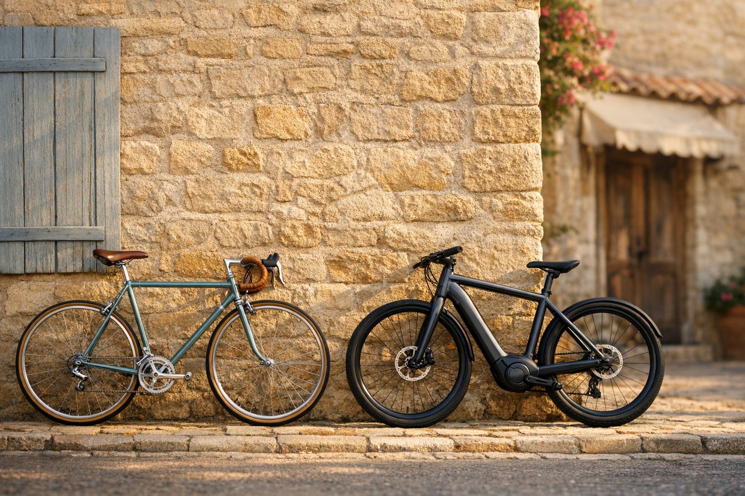 A classic Italian racing bicycle in heritage teal and a modern premium e-bike lean side by side against a stone wall on a sunlit French village street.