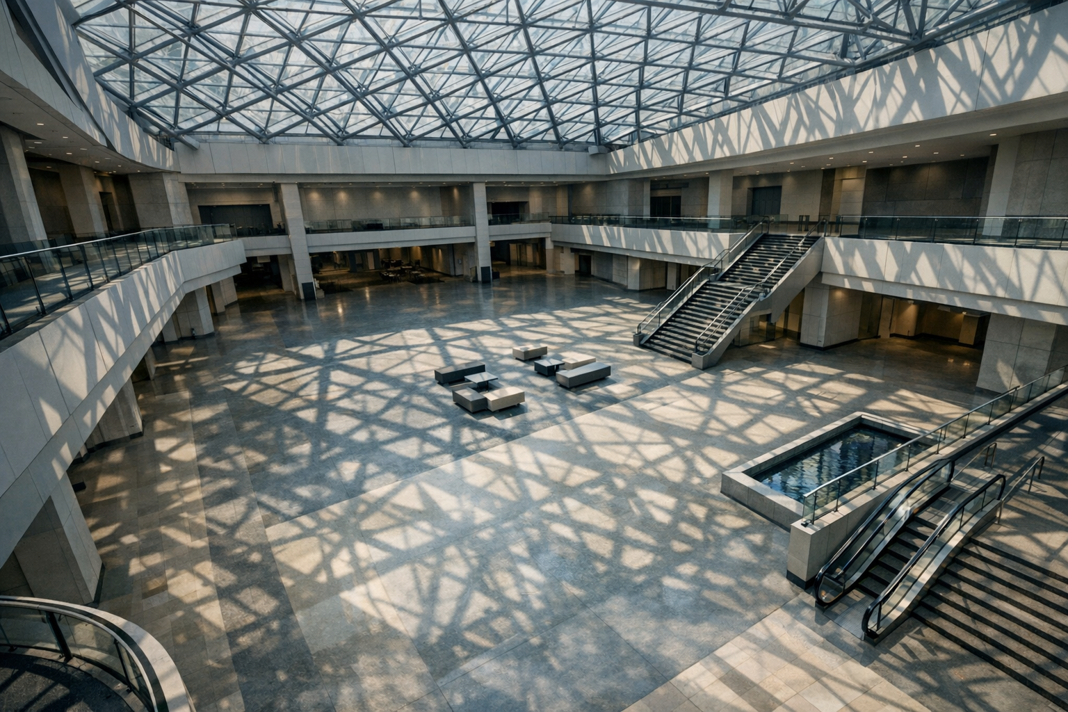 Aerial view of a modern convention center atrium with natural light streaming through a geometric glass ceiling, featuring clean architectural lines and polished floors in muted blue and gray tones.