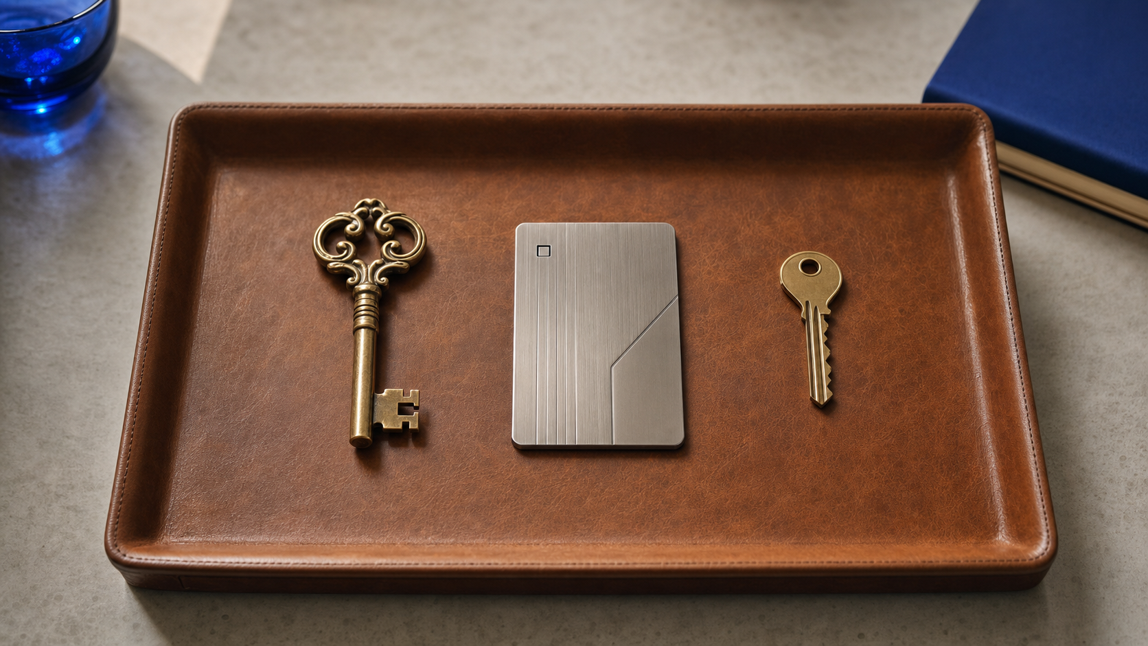 Three premium access objects arranged left to right on a warm leather tray: an ornate brass key, a brushed metal keycard, and a small modern brass key.