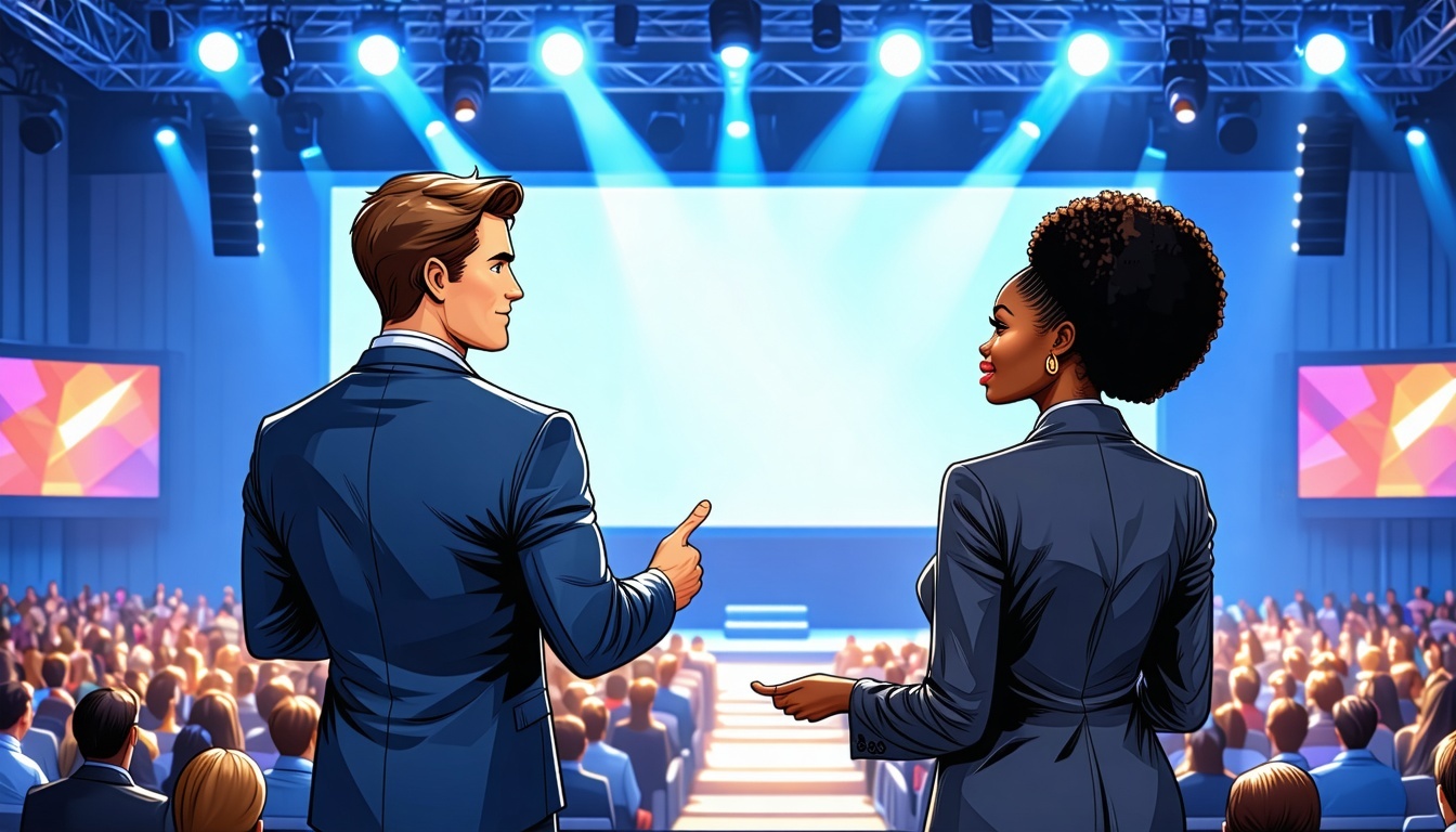 Two young association CFOs walk into a modern conference venue, approaching a stage prepared for a keynote presentation on accounting and financial strategy.