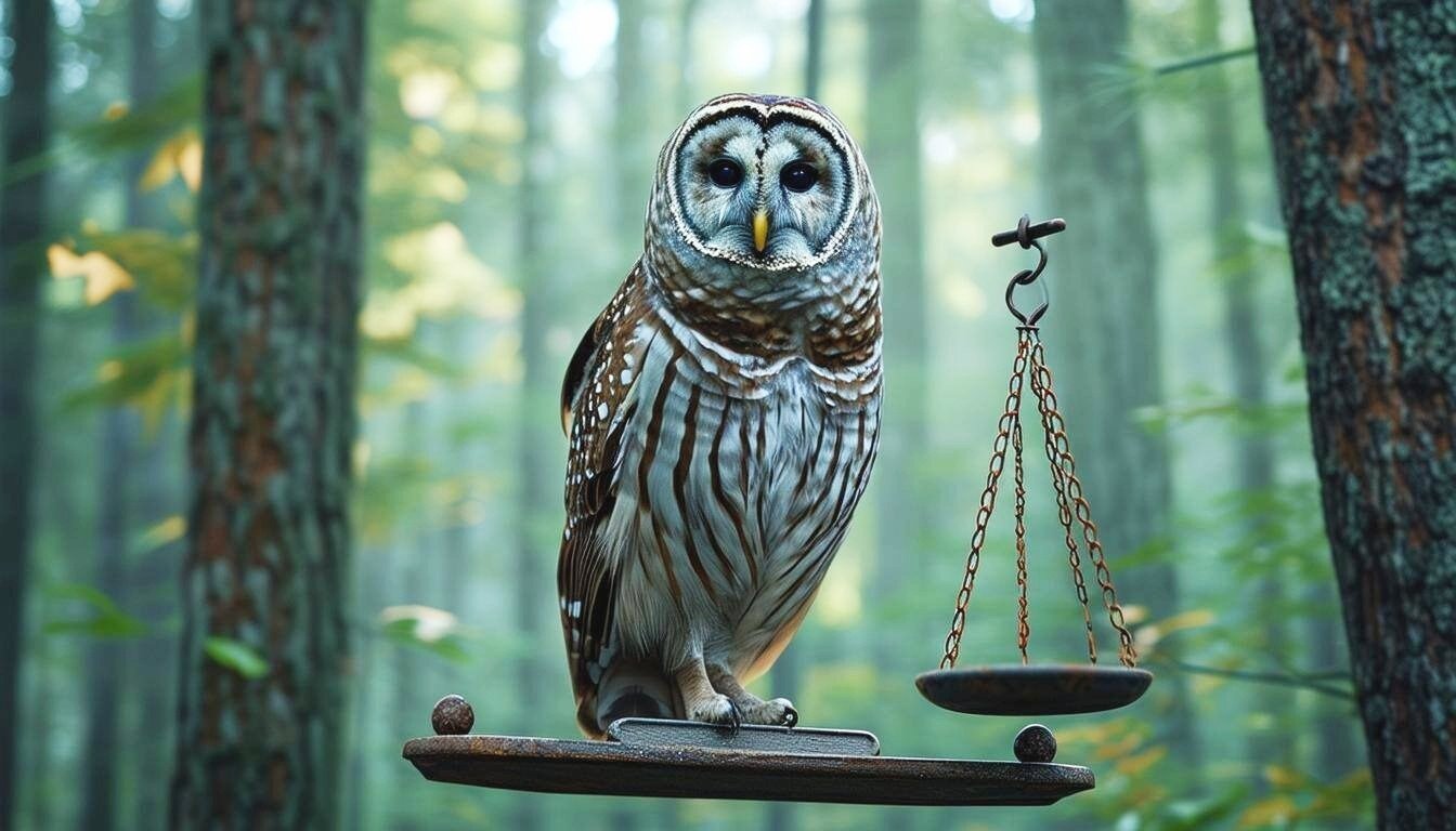 A barred owl perched by a balance, symbolizing the CFO’s role in balancing financial sustainability, member value, and long-term strategy.