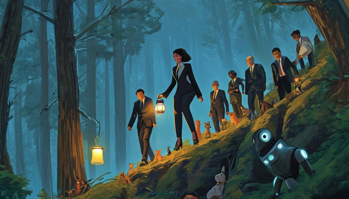 CFO guiding her team through a dark, forested mountain with furry creatures and AI bots