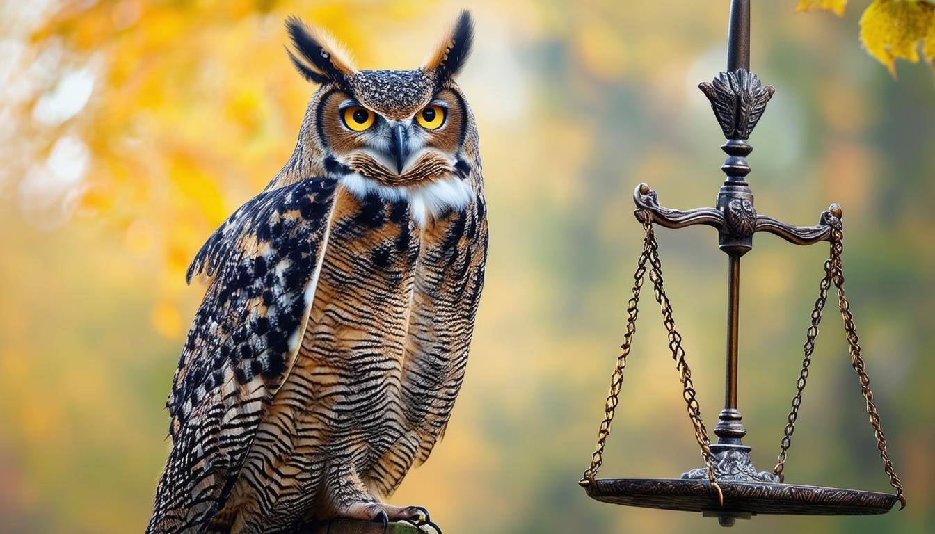 A great horned owl perched by a balance, symbolizing the CFO’s role in balancing financial sustainability, member value, and long-term strategy.