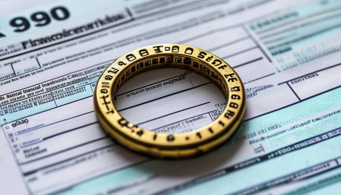 Vintage decoder ring placed over an IRS Form 990, symbolizing the power of uncovering hidden financial insights.