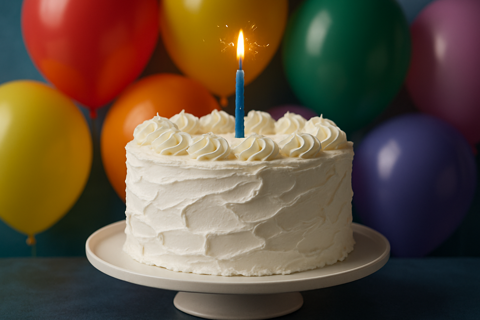 A decadent white birthday cake with one blue candle in front of a backdrop of assorted colored balloons.