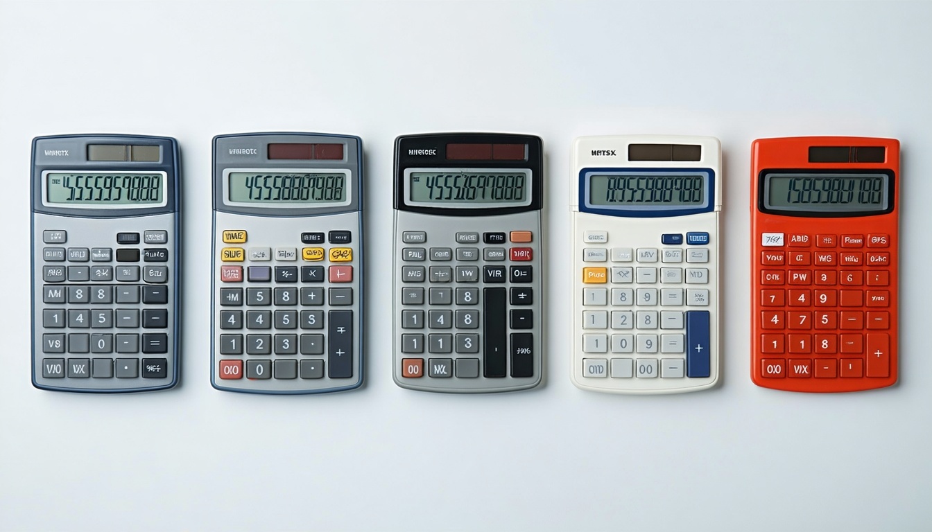 Five calculators that look similar - three are gray, one is white, and one is red.